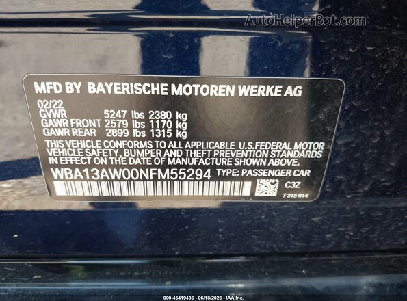 WBA13AW00NFM55294 2022 BMW OTHER Blue Widok komory silnika