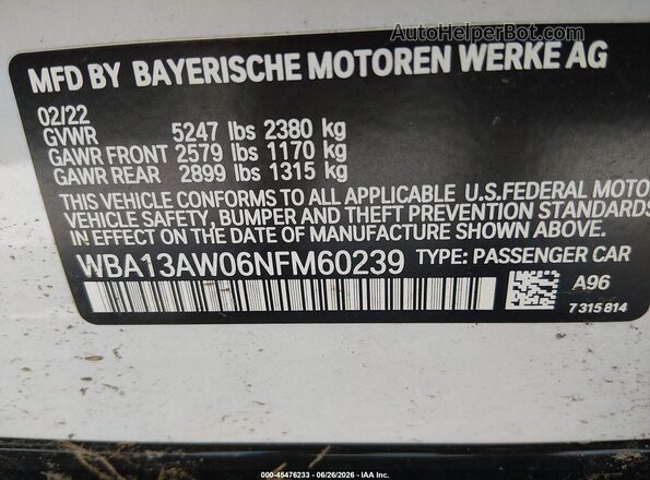 WBA13AW06NFM60239 2022 BMW OTHER White Вид підкапотного простору