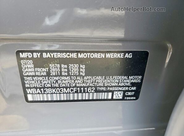 WBA13BK03MCF11162 2021 BMW M5 Gray Widok naklejki z numerem VIN