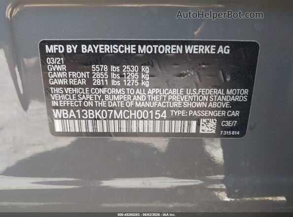 WBA13BK07MCH00154 2021 BMW 7 SERIES Gray 