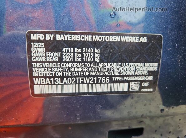 WBA13LA02TFW21766 2026 BMW 3 SERIES Blue Vista de la etiqueta del VIN