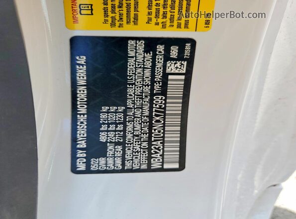 WBA23AT05NCK77599 2022 BMW OTHER White VIN կոդի պիտակի տեսք