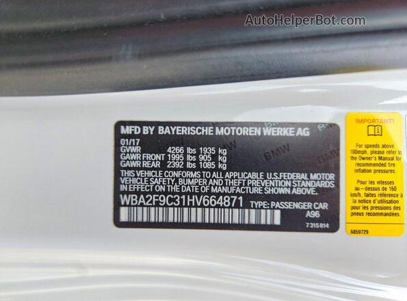 WBA2F9C31HV664871 2017 BMW 2 SERIES White ძრავის განყოფილების ხედი