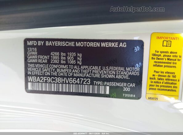 WBA2F9C38HV664723 2017 BMW 2 SERIES White Engine compartment view