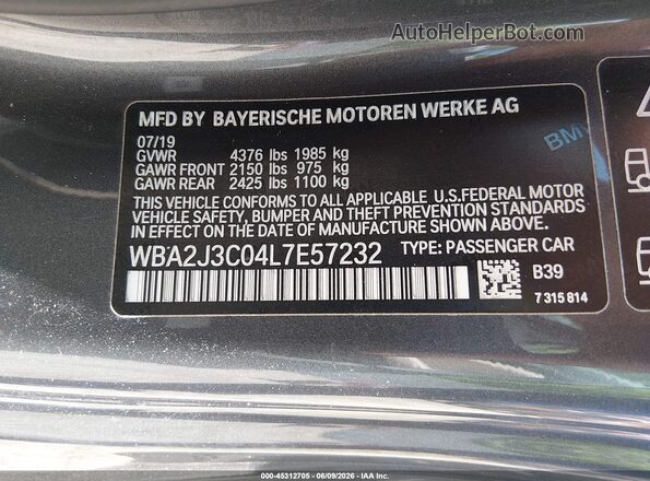 WBA2J3C04L7E57232 2020 BMW 2 SERIES Gray Vista del compartimento del motor