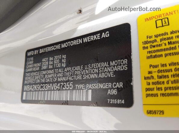 WBA2K9C33HV647355 2017 BMW 2 SERIES White Вид підкапотного простору