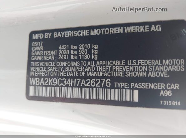 WBA2K9C34H7A26276 2017 BMW 2 SERIES White ძრავის განყოფილების ხედი