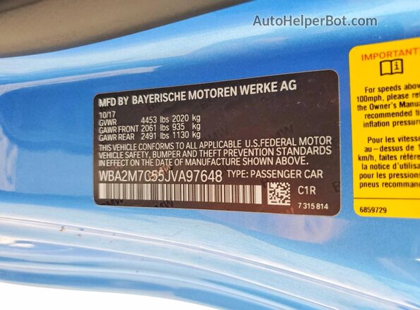 WBA2M7C55JVA97648 2018 BMW 2 SERIES Blue VIN կոդի պիտակի տեսք