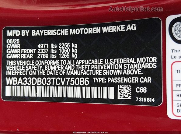 WBA33DB03TCV75086 2026 BMW 4 SERIES Burgundy ძრავის განყოფილების ხედი