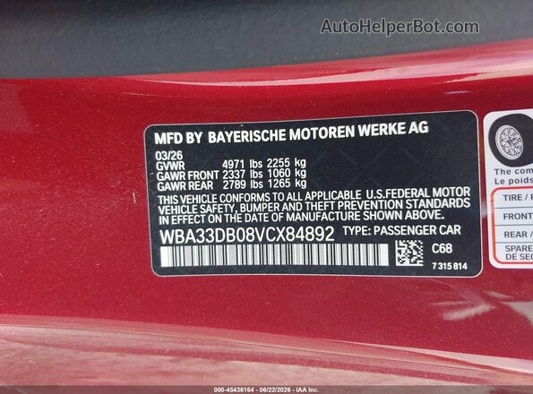 WBA33DB08VCX84892 2027 BMW W 4 SERIES 430I XDRIVE 2D CNVT Red ძრავის განყოფილების ხედი