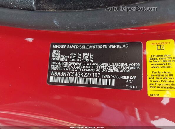 WBA3N7C54GK227167 2016 BMW 4 SERIES Red Engine compartment view