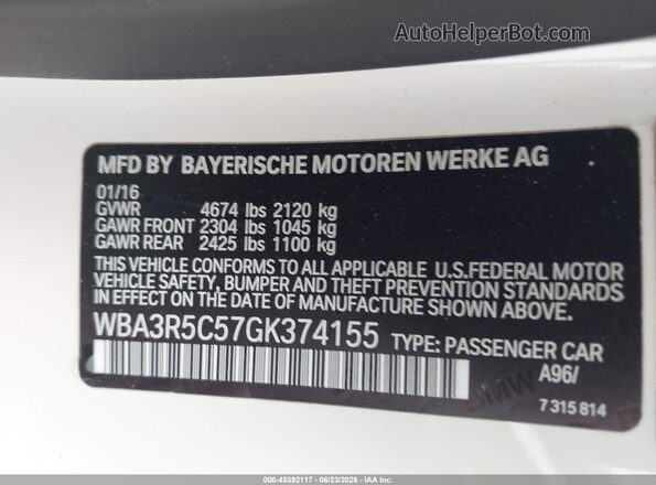 WBA3R5C57GK374155 2016 BMW OTHER White ძრავის განყოფილების ხედი