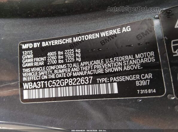 WBA3T1C52GP822637 2016 BMW 4 SERIES Gray Vista del compartimento del motor