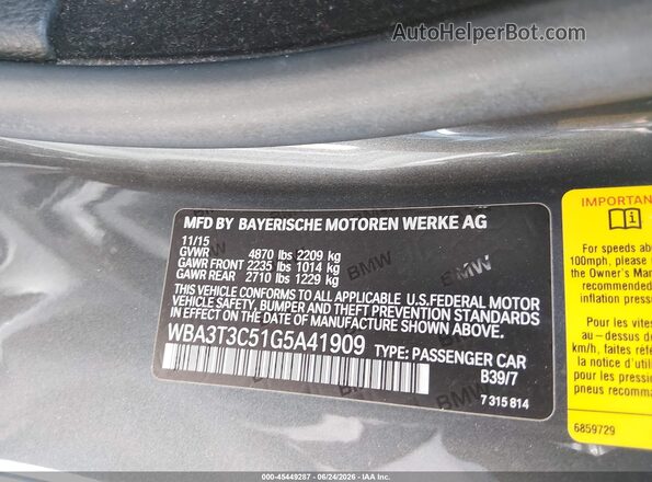WBA3T3C51G5A41909 2016 BMW 4 SERIES Gray ძრავის განყოფილების ხედი