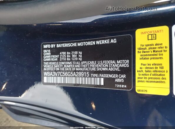 WBA3V7C56G5A28915 2016 BMW 4 SERIES Blue Вид підкапотного простору