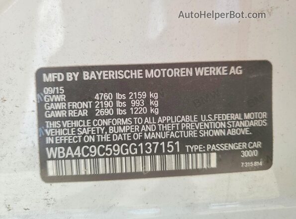 WBA4C9C59GG137151 2016 BMW 4 SERIES White Widok komory silnika