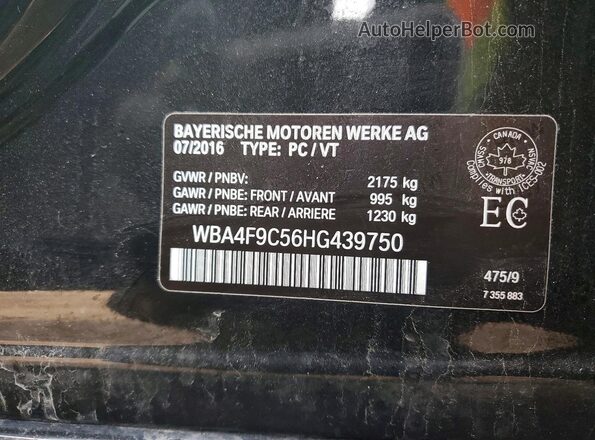 WBA4F9C56HG439750 2017 BMW 4 SERIES Black VIN კოდის სტიკერის ხედი