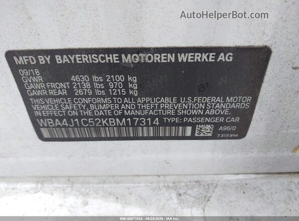 WBA4J1C52KBM17314 2019 BMW 4 SERIES White Engine compartment view