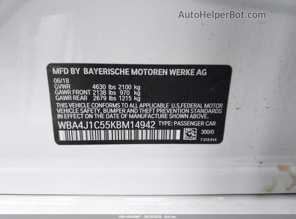 WBA4J1C55KBM14942 2019 BMW 4 SERIES White Widok komory silnika