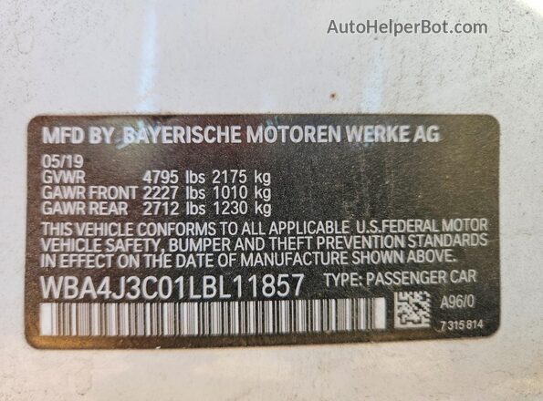 WBA4J3C01LBL11857 2020 BMW OTHER White Vista de la etiqueta del VIN