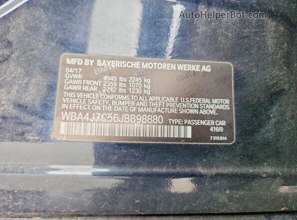 WBA4J7C56JBB98880 2018 BMW 4 SERIES Blue VIN կոդի պիտակի տեսք