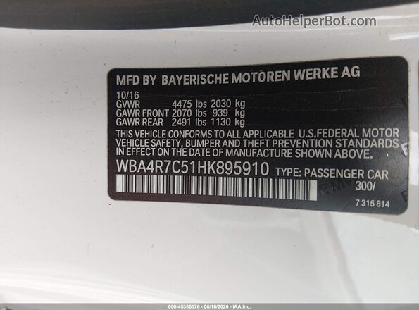 WBA4R7C51HK895910 2017 BMW 4 SERIES White Вид підкапотного простору