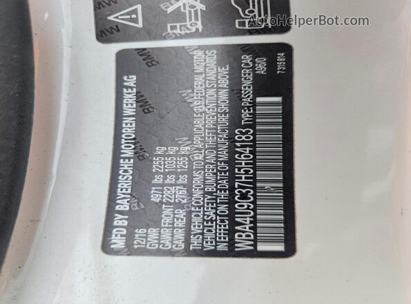 WBA4U9C37H5H64183 2017 BMW 4 SERIES White Widok naklejki z numerem VIN