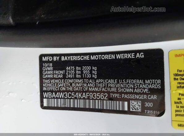 WBA4W3C54KAF93562 2019 BMW 4 SERIES White Вид підкапотного простору