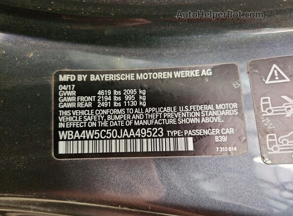WBA4W5C50JAA49523 2018 BMW 4 SERIES Gray Widok naklejki z numerem VIN