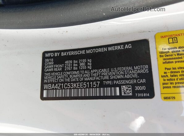 WBA4Z1C53KEE51157 2019 BMW 4 SERIES White Engine compartment view