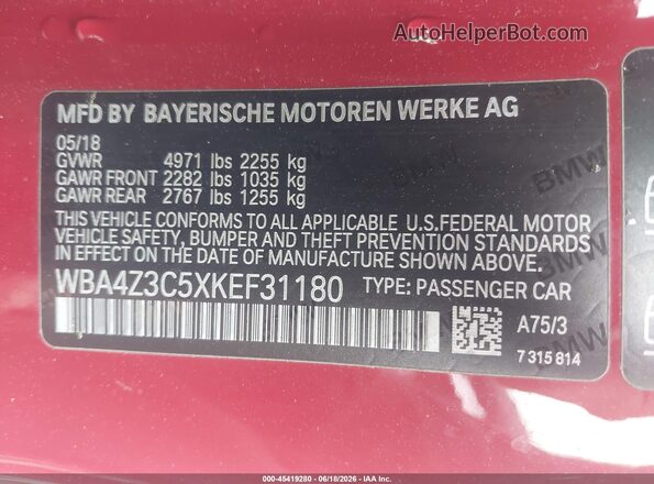 WBA4Z3C5XKEF31180 2019 BMW 4 SERIES Red Widok komory silnika