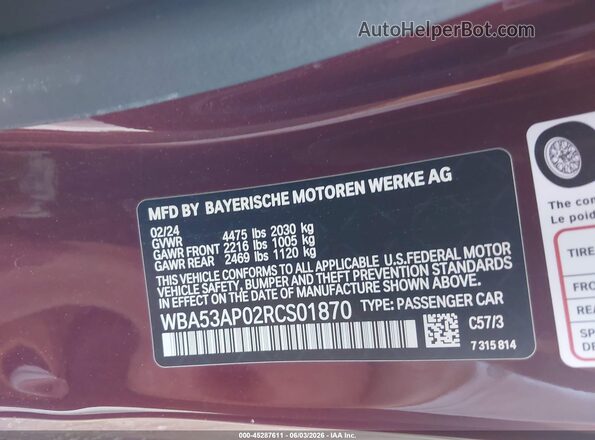 WBA53AP02RCS01870 2024 BMW 4 SERIES Burgundy Widok komory silnika