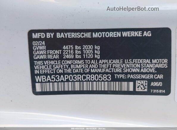 WBA53AP03RCR80583 2024 BMW 4 SERIES White Вид підкапотного простору