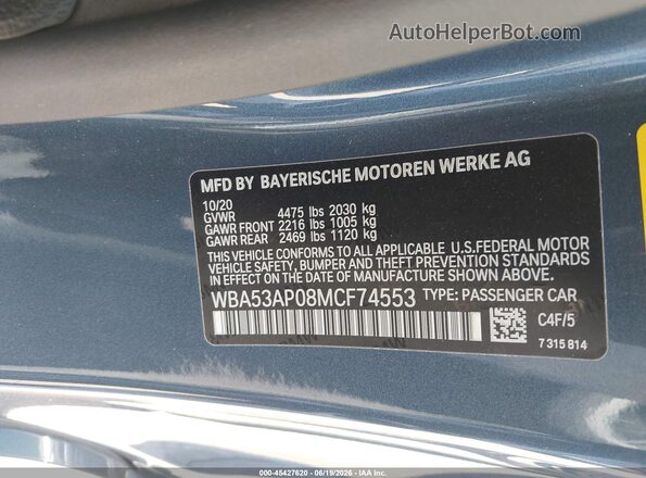WBA53AP08MCF74553 2021 BMW 4 SERIES Blue ძრავის განყოფილების ხედი