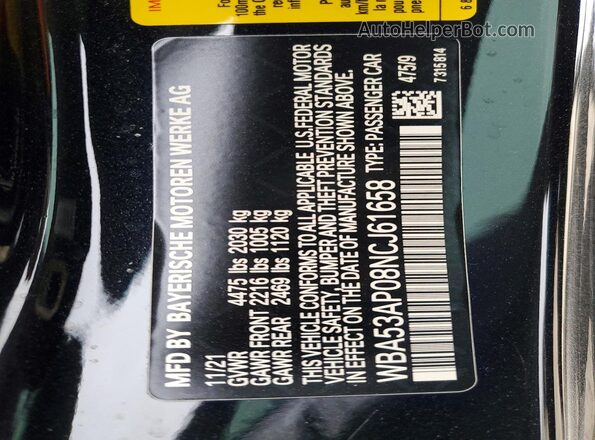 WBA53AP08NCJ61658 2022 BMW 4 SERIES Black VIN sticker view