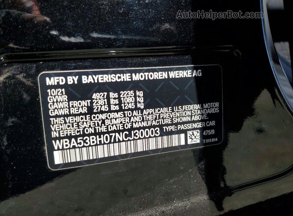 WBA53BH07NCJ30003 2022 BMW 5 SERIES Black Vista del compartimento del motor
