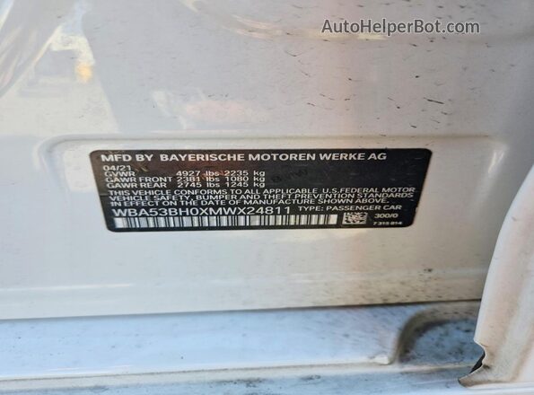 WBA53BH0XMWX24811 2021 BMW 5 SERIES White Widok naklejki z numerem VIN