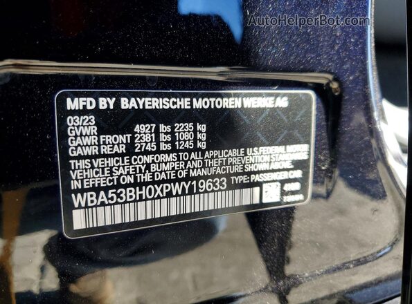 WBA53BH0XPWY19633 2023 BMW 5 SERIES Blue VIN კოდის სტიკერის ხედი
