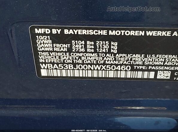 WBA53BJ00NWX50460 2022 BMW 5 SERIES Blue Vista del compartimento del motor