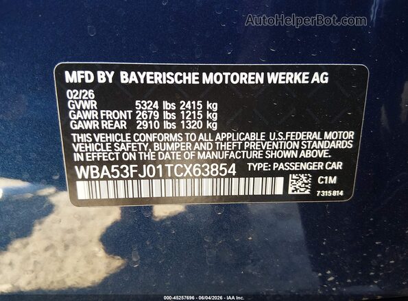 WBA53FJ01TCX63854 2026 BMW 5 SERIES Light Blue Вид подкапотного пространства