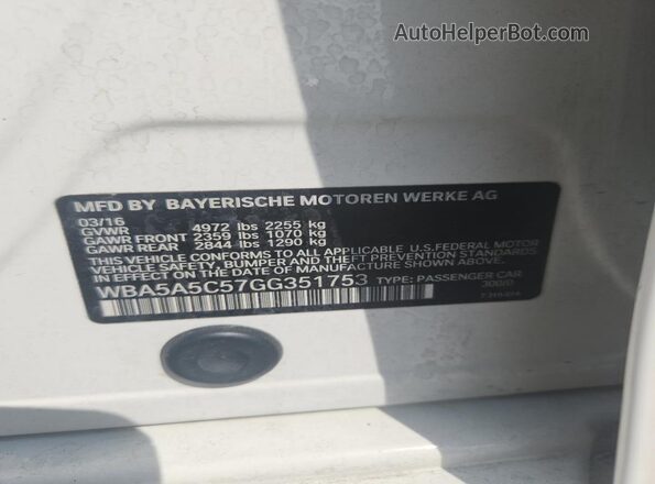 WBA5A5C57GG351753 2016 BMW 5 SERIES White VIN կոդի պիտակի տեսք
