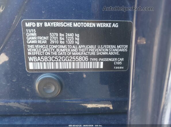 WBA5B3C52GG255806 2016 BMW 5 SERIES Синий Вид подкапотного пространства