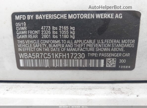 WBA5R7C51KFH17230 2019 BMW 3 SERIES White Widok komory silnika