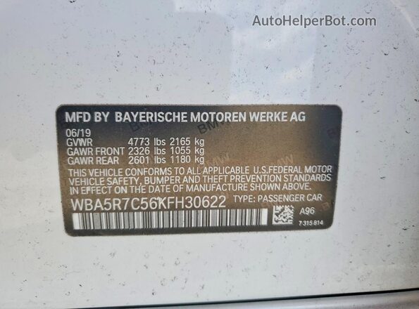 WBA5R7C56KFH30622 2019 BMW 7 SERIES White 