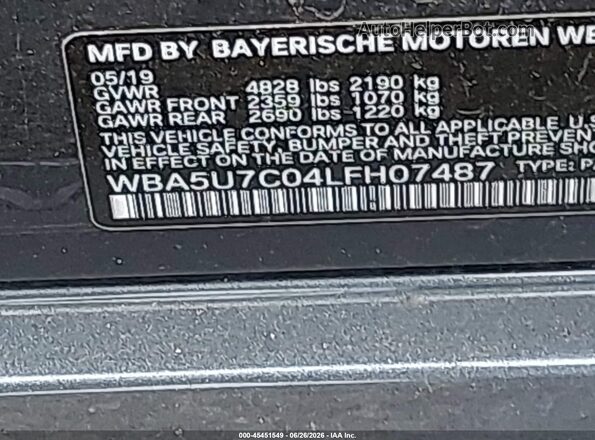 WBA5U7C04LFH07487 2020 BMW M3 Gray Engine compartment view