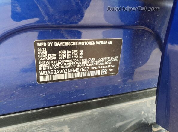 WBA63AV02NFM87557 2022 BMW OTHER Blue Շարժիչի բաժամունքի տեսք