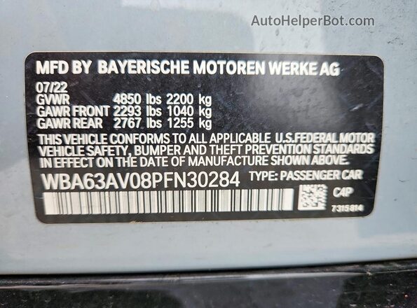 WBA63AV08PFN30284 2023 BMW 7 SERIES Gray VIN sticker view