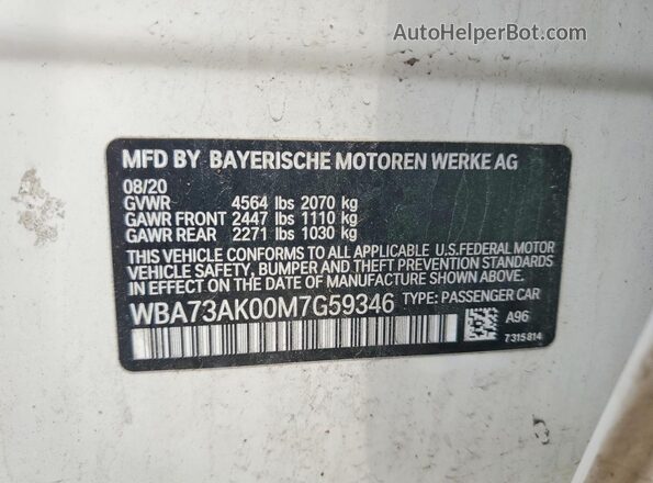 WBA73AK00M7G59346 2021 BMW OTHER White Engine compartment view