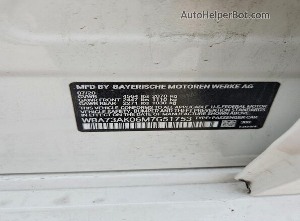 WBA73AK06M7G51753 2021 BMW 2 SERIES White Widok naklejki z numerem VIN