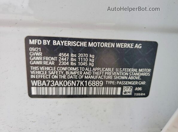 WBA73AK06N7K16889 2022 BMW 2 SERIES Белый Вид наклейки с VIN-кодом